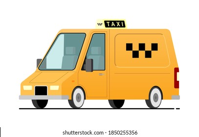 vector yellow cargo van, Taxi car with The Checkers or Top Light Box on the roof, transparent glass, empty. Flat style vector illustration isolated.
