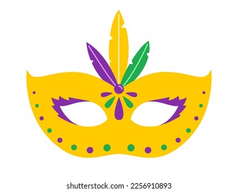 Vector yellow carnival mask. Mardi Gras mask with feathers. Design for fat tuesday. Colorful masquerade illustration. Carnival mask for traditional holiday or festival.