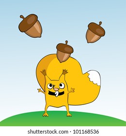 Vector yellow cartoon character squirrel with nuts. Funny character squirrel template