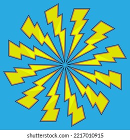 Vector Yellow Cartoon Lightning Bolt Icon Isolated on Blue Background.