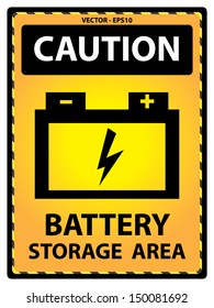 Vector : Yellow Caution Plate For Safety Present By Battery Storage Area Text With Battery Sign Isolated on White Background 
