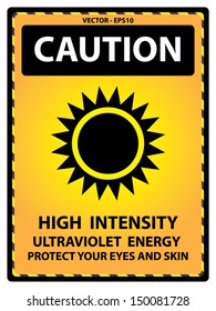 Vector : Yellow Caution Plate For Safety Present By High Intensity Ultraviolet Energy Protect Your Eyes and Skin Text With Sun Sign Isolated on White Background 