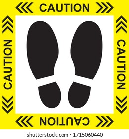 Vector of Yellow CAUTION Practice Social Distancing sign and symbols for People stand in designated areas in an elevator as a social distancing - Social Distancing sign concept. 