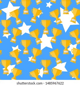 Vector yellow  Champion cup  seamless pattern on a blue  background and stars in flat  style