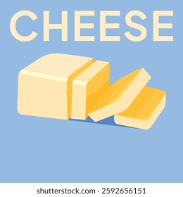 Vector yellow cheese bar with slices on white porcelain plate, organic farm nutrition. Fresh dairy milk product. Creamy healthy piece of tasty briquette.