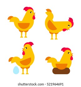 Vector yellow chicken flat character cartoon set isolated