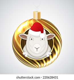 Vector. Yellow Christmas ball with funny cartoon sheep in Santa hat. Closeup.  