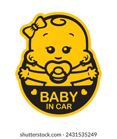 Vector yellow circle sign with a baby girl with a pacifier and the text - baby in the car. Isolated white background.