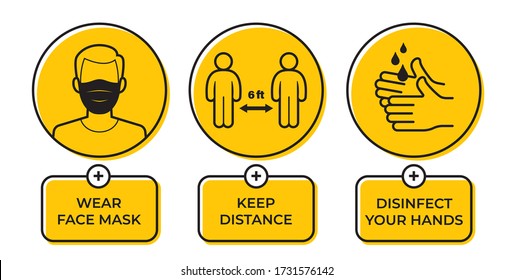 Vector yellow circle sign with icons and text: Wear face mask. Keep Distance. Disinfect your hands. Character with face mask. Isolated on white background.