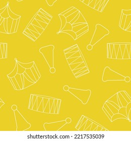 Vector yellow Circus Tents And Hats seamless pattern. Drawings of little circus tents, clown's hats and circus podiums are dancing on a corn yellow background. Part of Animal Circus by Tamara Rapp.