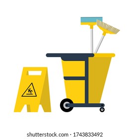 Vector of yellow cleaning equipment, supplies and caution slippery wet floor warning sign
