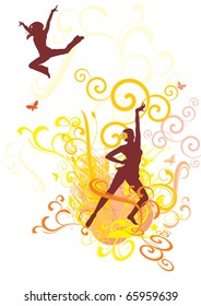 vector yellow color dancing people silhouettes grunge illustration