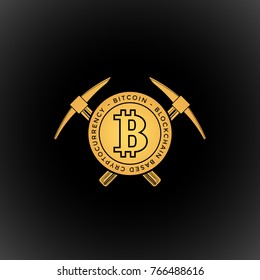 vector yellow color design crossed mining picks with gold coin crypto currency sign bitcoin logo template illustration isolated dark background