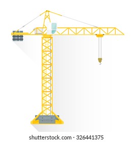 vector yellow color flat design construction tower crane white cabin illustration isolated white background long shadow
