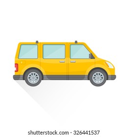 vector yellow color flat design passenger minivan body type vehicle illustration isolated white background long shadow
