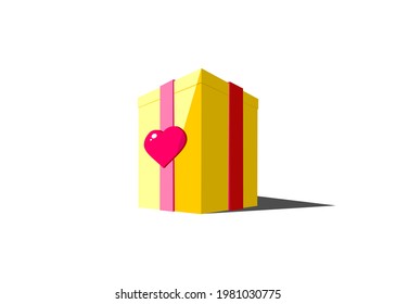 regalo de color amarillo vectorial con varias cintas y signo de amor en diseño 3d de perspectiva plana, regalo de cumpleaños