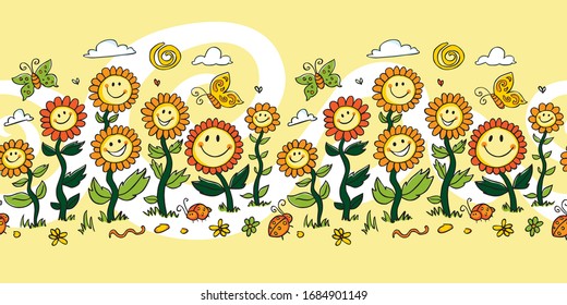 Vector yellow colourful cartoon sunflowers repeat horizontal border. Suitable for shower curtains and wall murals.