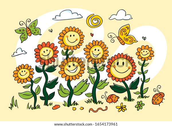 Vector yellow colourful cartoon sunflowers illustration. Suitable for greeting cards and wall murals.
