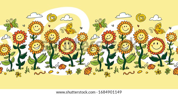 Vector yellow colourful cartoon sunflowers repeat horizontal border. Suitable for shower curtains and wall murals.