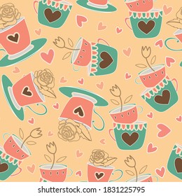 Vector yellow coral pink sage green  garden tea party seamless pattern background. Perfect for fabric, scrapbooking, wrapping paper, wallpaper projects