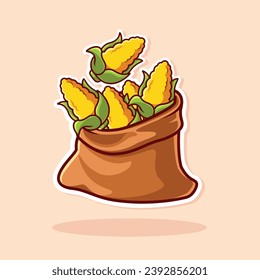 vector yellow corn in the sack. cute vegetable cartoon icon . For funny sticker. Flat illustration design style.