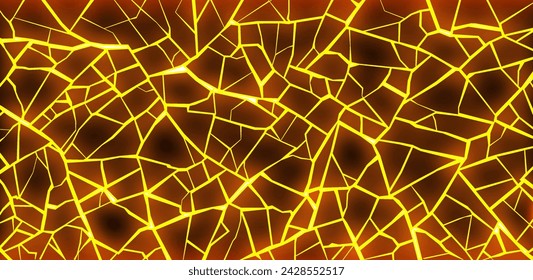 Vector yellow cracks on a dark orange glowing background. Fire rifts. Broken rind into many small pieces.