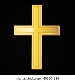 Vector yellow cross for religion. Gold religion symbol for christians or catholics on black background