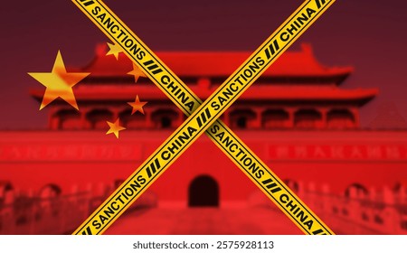 Vector yellow crossed prohibitory tapes with inscriptions, sanctions china, on red blurred chinese forbidden city. Political economic banner.