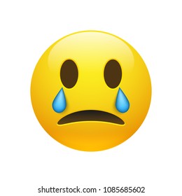 Vector yellow crying emoticon with opened eyes and mouth on white background. Glossy funny cartoon Emoji icon. 3D illustration for chat or message.