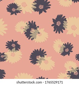 Vector yellow and dark violet daisies on pink seamless pattern