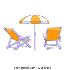 Vector yellow deck chairs under beach umbrella
