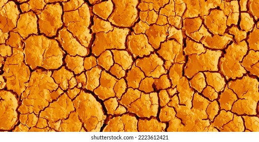 Vector yellow desert dry ground texture. Realistic cracked sand floor illustration. Mosaic pattern rough nature ground. Dirty wall surface. Golden destroyed background. Gold erosion effect