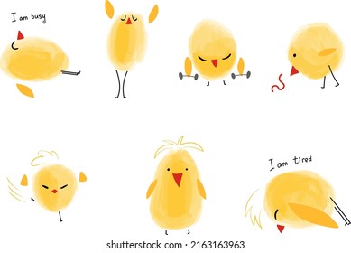 Vector yellow different chickens with red beaks. Walks, stomps, runs, walks, dances, sleeps, looks