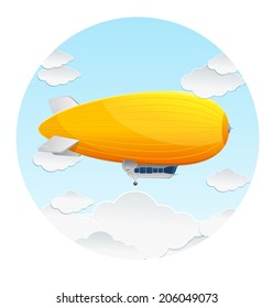 Vector yellow dirigible balloon and clouds icon