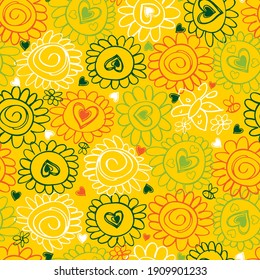 Vector yellow doodle hand drawn flower power and hearts line art fun seamless pattern. Suitable for textile, gift wrap and wallpaper.