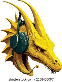 Vector the yellow dragon head with headphone flat design