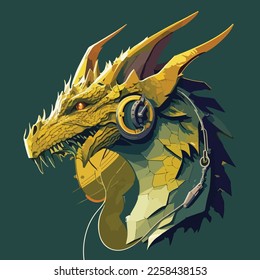 Vector the yellow dragon head with headphone flat design