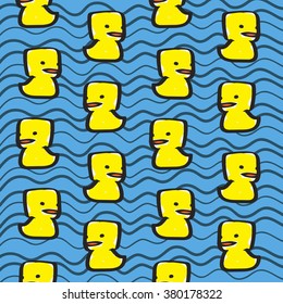 Vector with yellow ducks on blue water.