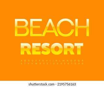 Vector amarillo Emblem Beach Resort. Elegante y brillante fuente. Conjunto de letras y números de alfabeto artístico