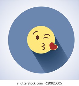 Vector yellow emoticon circle icon. Loving face. Kissing lips. Blue circle. Flat style with shadow