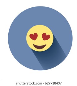 Vector yellow emoticon circle icon. Loving face with hearts instead of eyes. Flat style with shadow