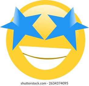 Vector yellow emoticon, smile with blue stars eyes