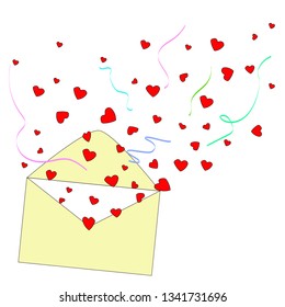 Vector - Yellow envelope with flyer mini red heart and ribbon to celebrate. Special time to send love. Valentine's, Mother's , Father's day. 