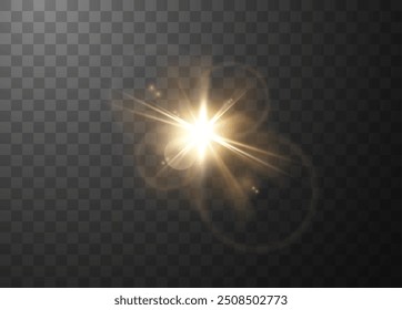 Vector yellow flash effect with bright rays and round highlights on a transparent background. An illustration highlighting the bright glow for a summer design