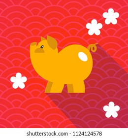 Vector yellow flat pig on red background with flowers