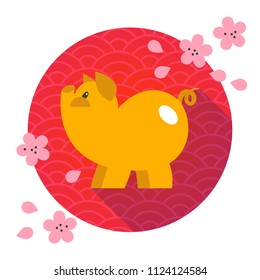 Vector yellow flat pig on red background with flowers