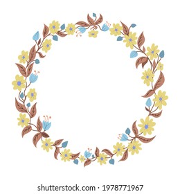 Vector yellow flower garland isolated on white background with empty space in the middle for text