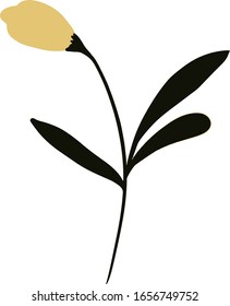 Vector yellow,  flowers with black leaves on an white isolated background. In style cartoon.  Use as a postcard, in graphic design, product packaging, branding, wedding invitation, cloth textile. 
