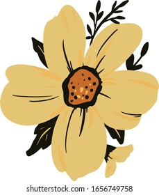 Vector amarillo, flores con hojas negras sobre un fondo blanco aislado. Dibujo de estilo.  Utilícelo como postal, en diseño gráfico, embalaje de producto, marca, invitación a boda, tela textil. 