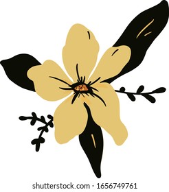 Vector amarillo, flores con hojas negras sobre un fondo blanco aislado. Dibujo de estilo.  Utilícelo como postal, en diseño gráfico, embalaje de producto, marca, invitación a boda, tela textil. 